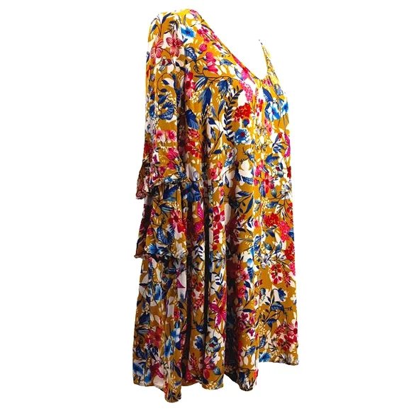 VICI ENTRO Tropical Vibe Cut Out Back Floral Print Tiered Sleeve Tunic Dress L - Picture 3 of 16